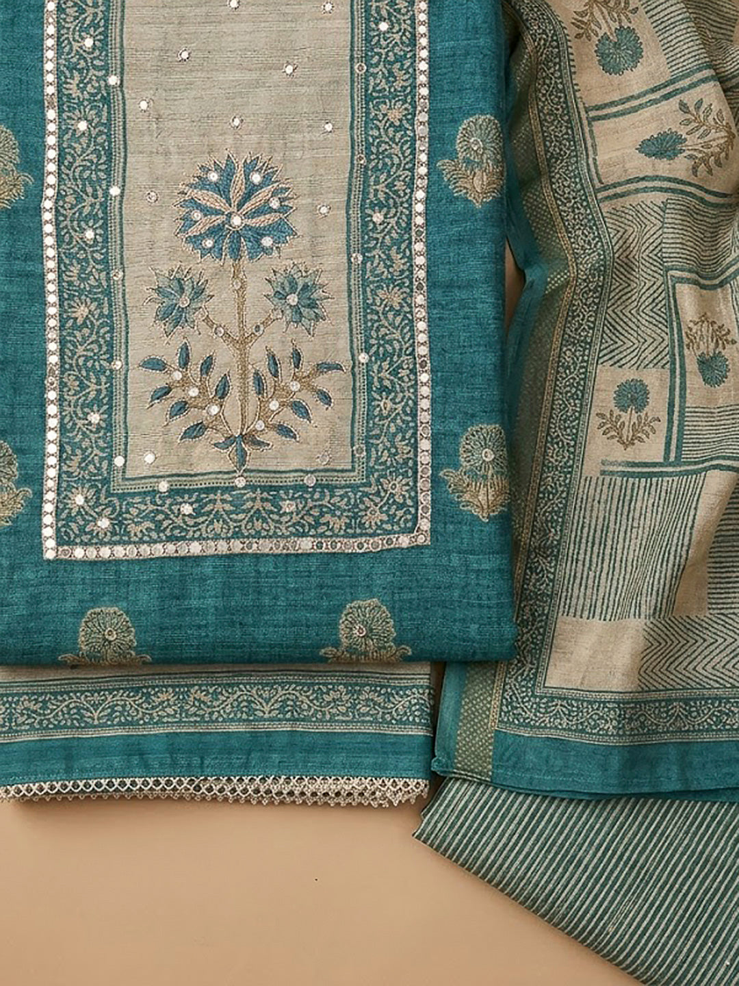 Rama Green Chanderi Embroidered Unstitched Dress Material