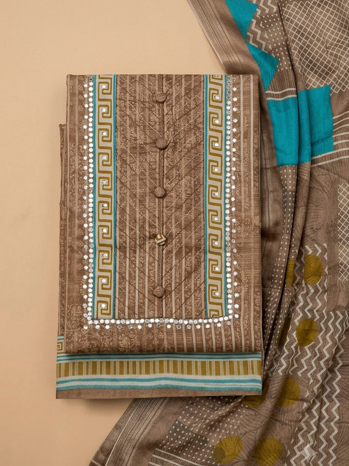 Beige Art Silk Printed Unstitched Dress Material