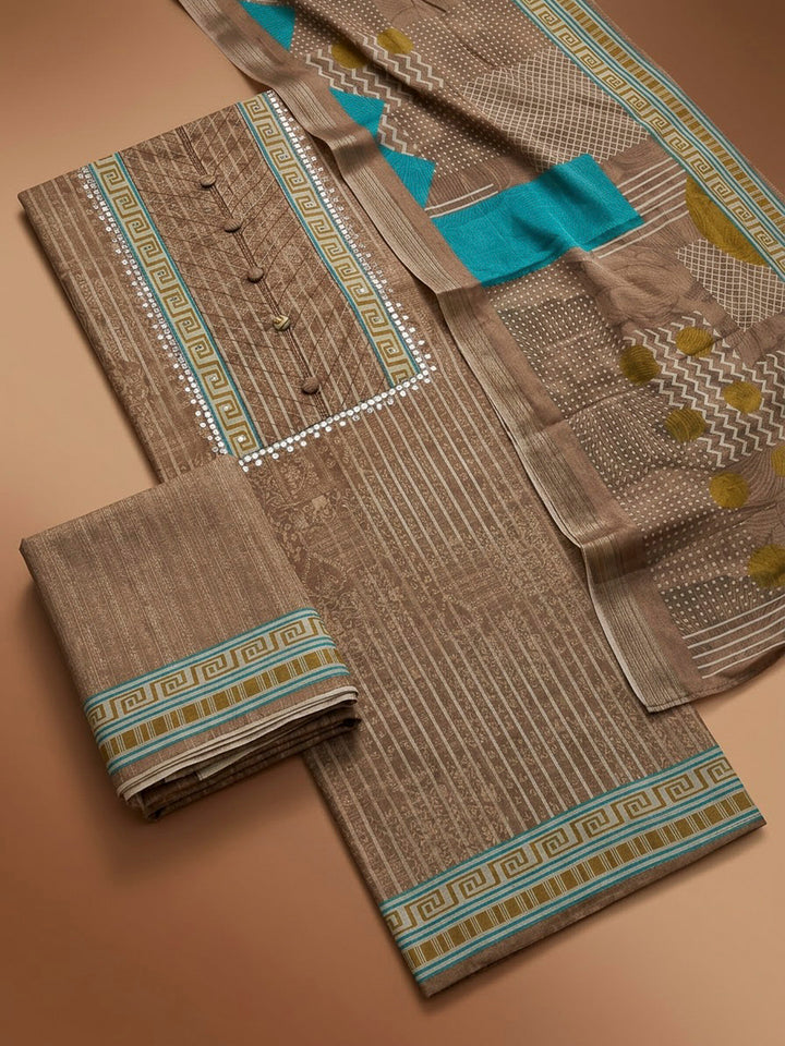Beige Art Silk Printed Unstitched Dress Material