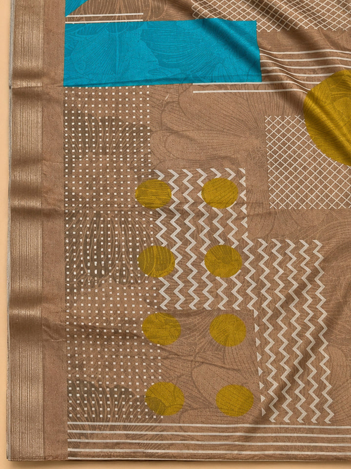 Beige Art Silk Printed Unstitched Dress Material