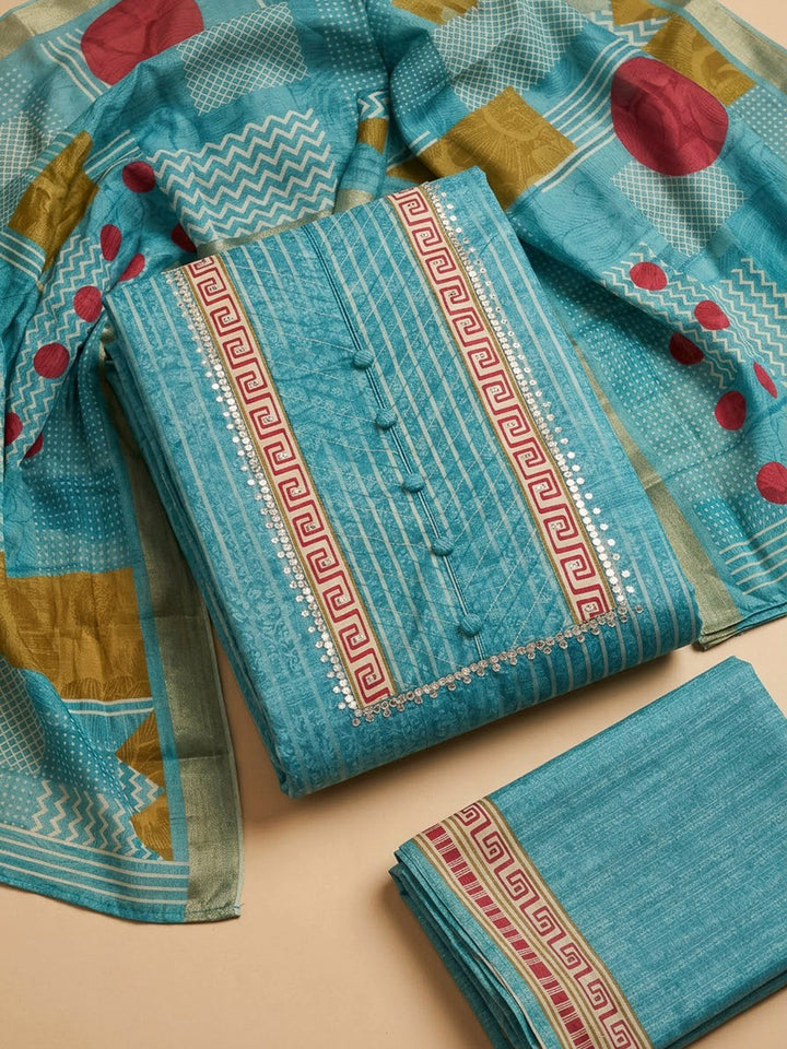 Blue Art Silk Printed Unstitched Dress Material