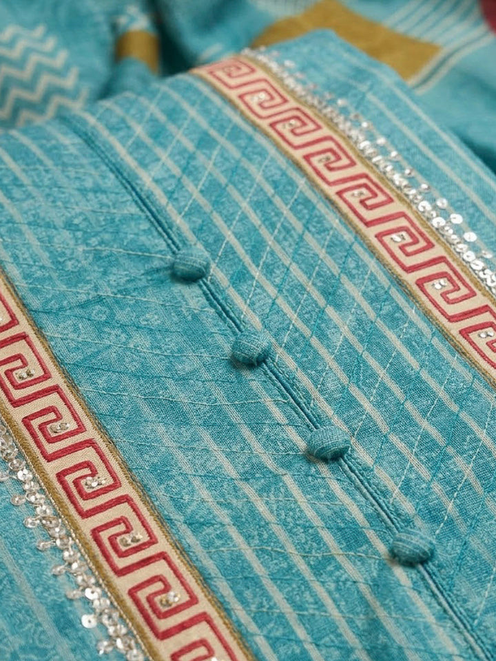 Blue Art Silk Printed Unstitched Dress Material