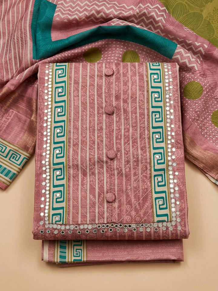 Peach Art Silk Printed Unstitched Dress Material