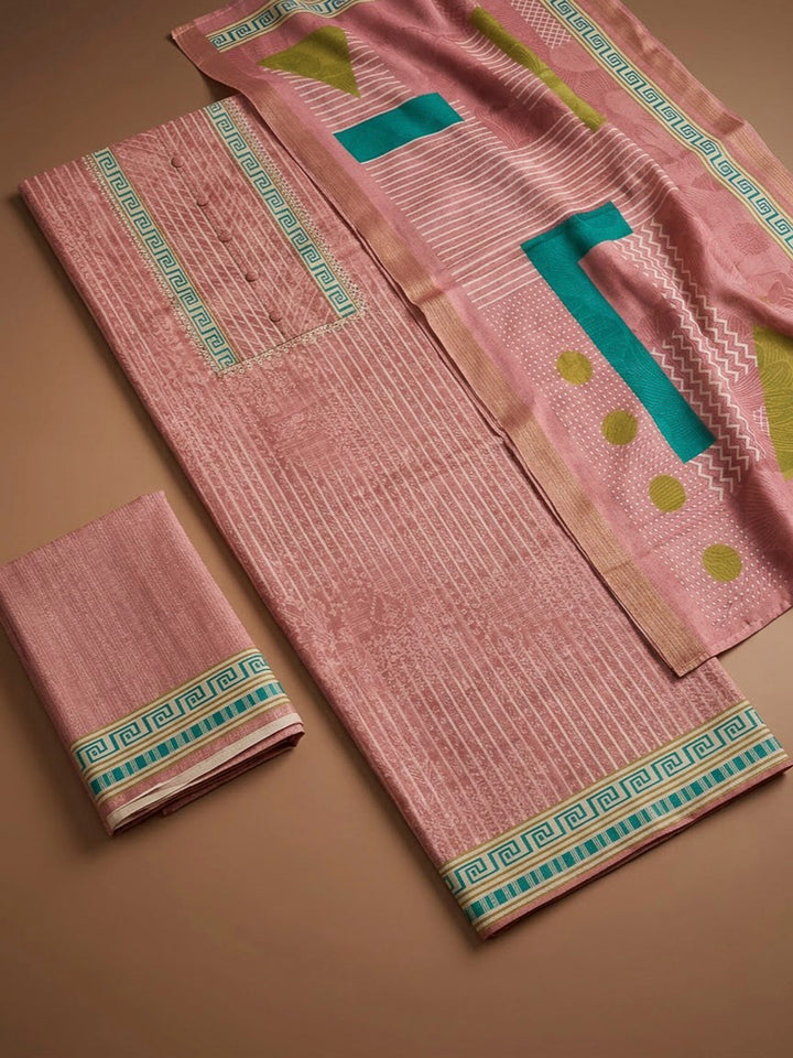 Peach Art Silk Printed Unstitched Dress Material