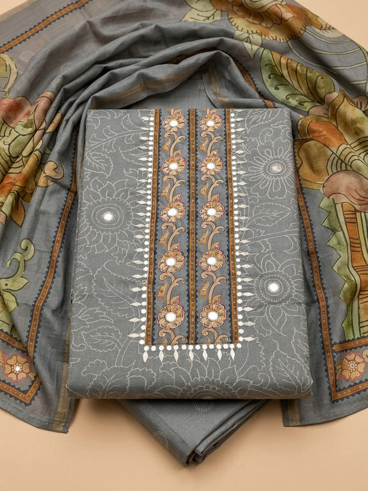 Grey Art Silk Printed Unstitched Dress Material