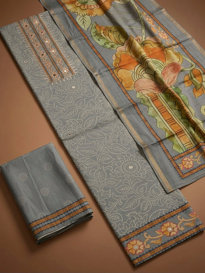 Grey Art Silk Printed Unstitched Dress Material