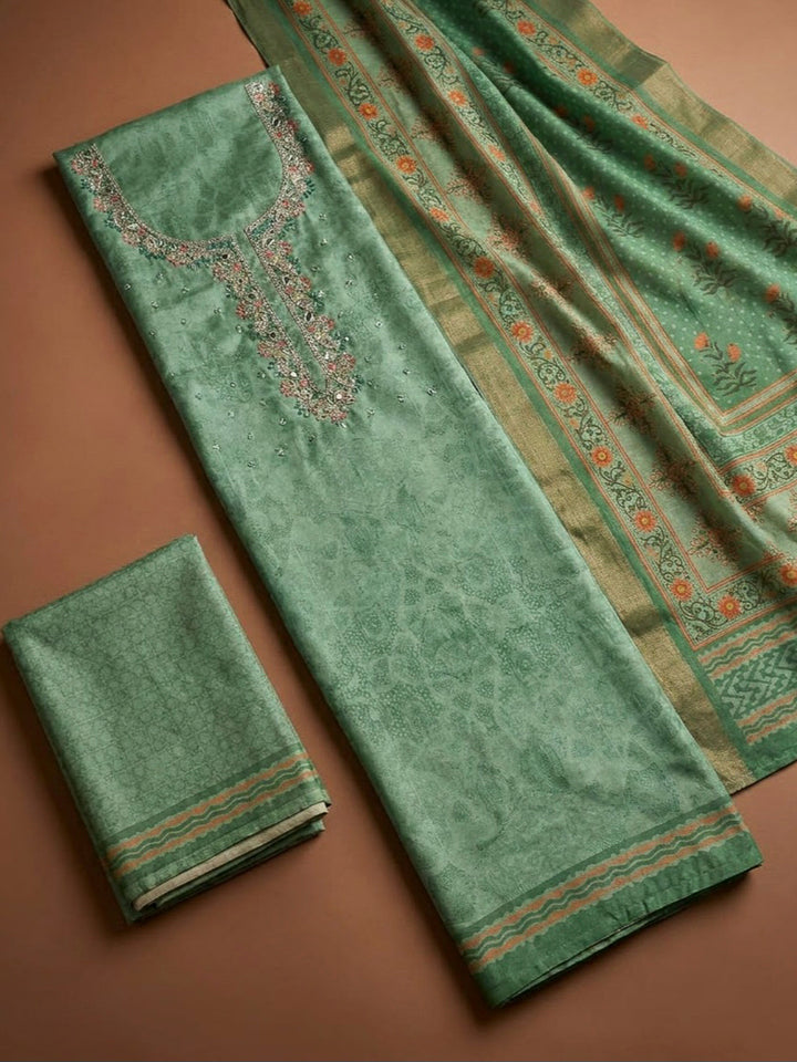 Aqua Green Art Silk Embroidered Unstitched Dress Material