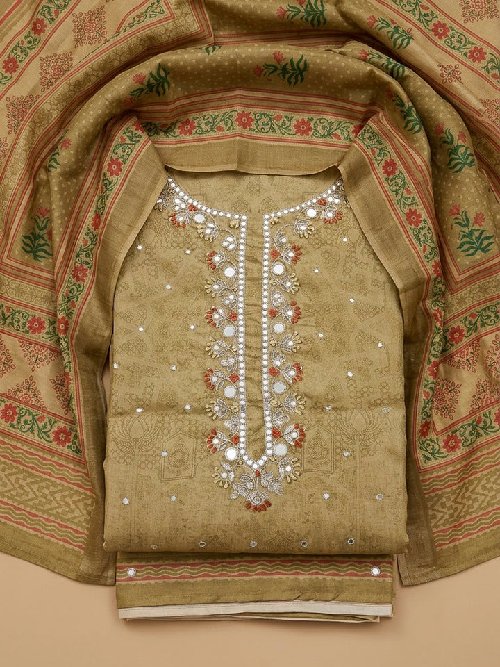 Mehndi Art Silk Embroidered Unstitched Dress Material