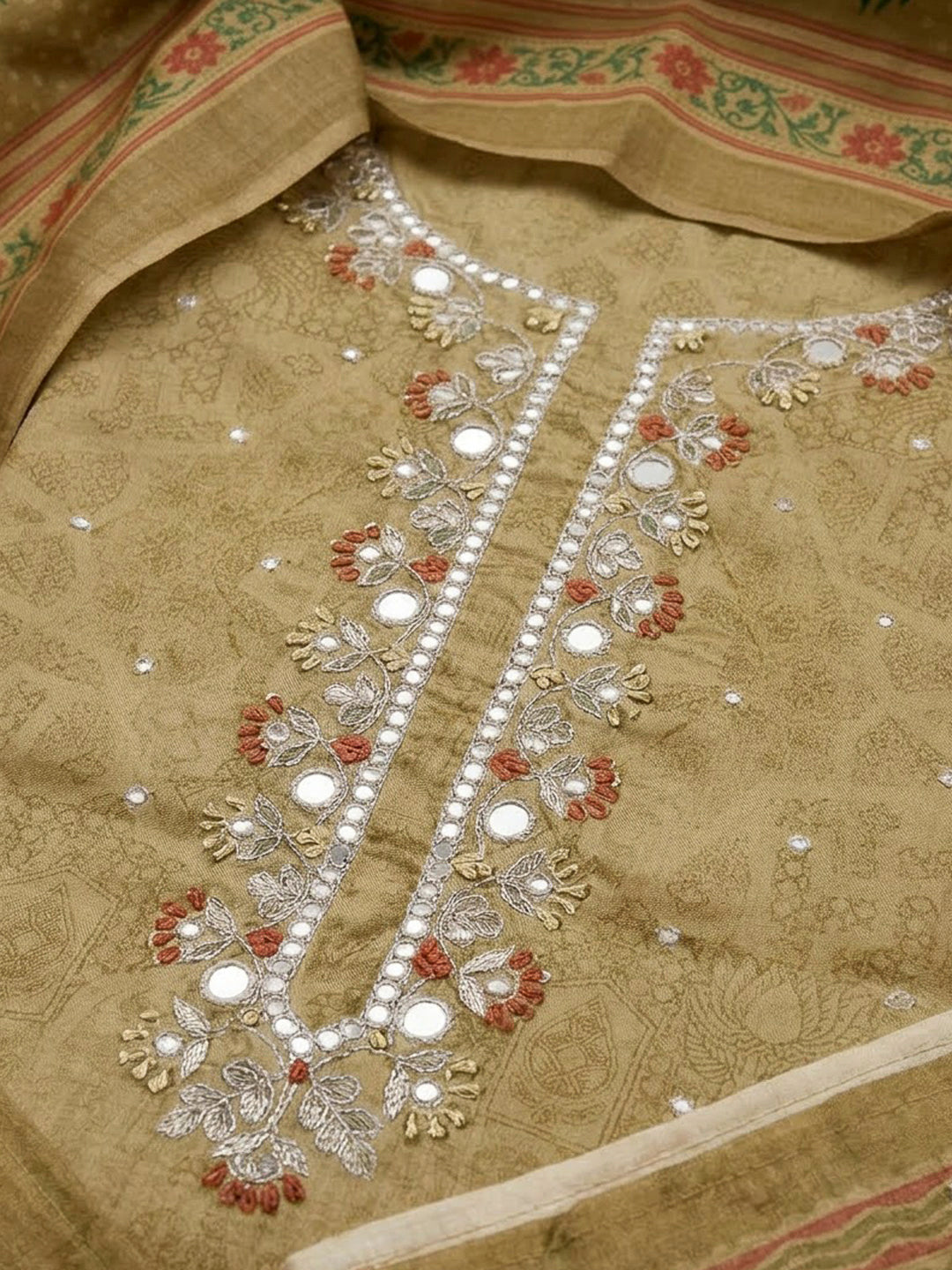 Mehndi Art Silk Embroidered Unstitched Dress Material