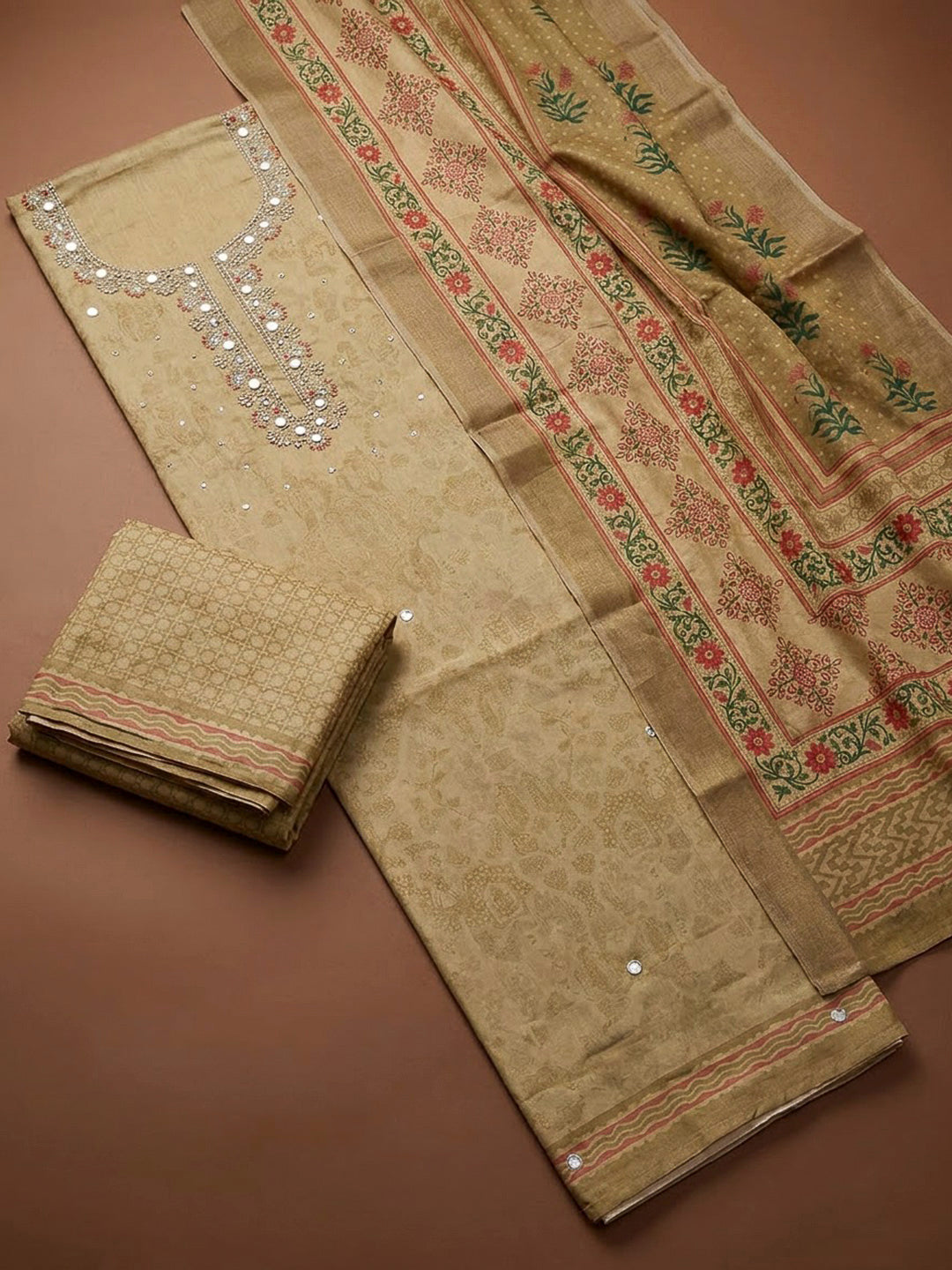 Mehndi Art Silk Embroidered Unstitched Dress Material