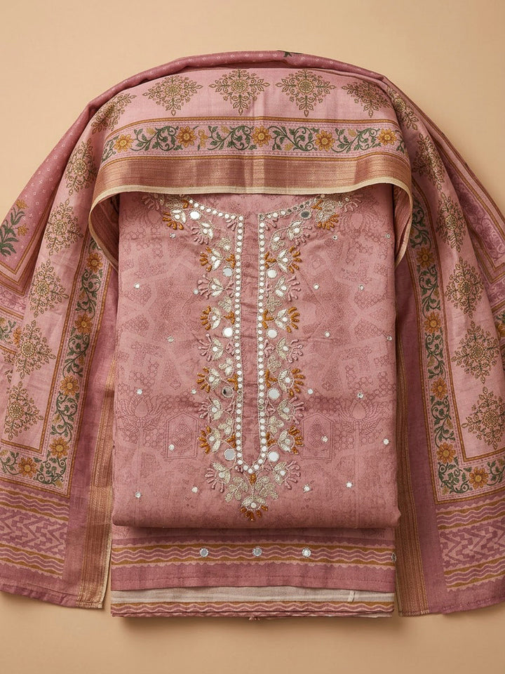 Peach Art Silk Embroidered Unstitched Dress Material