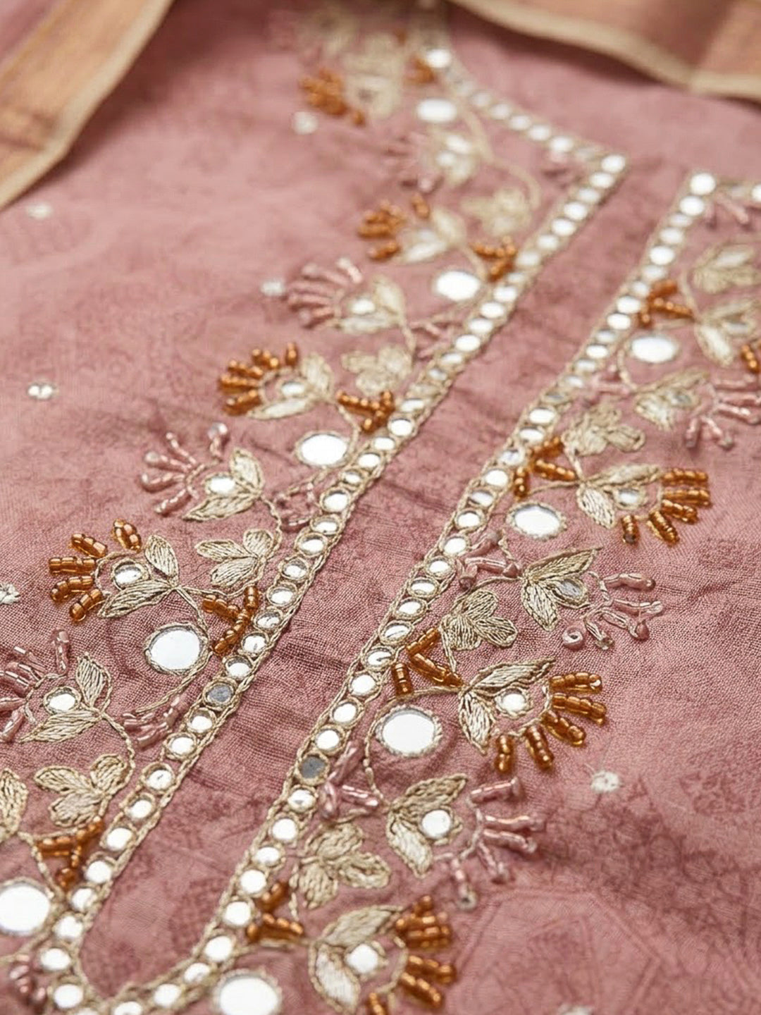 Peach Art Silk Embroidered Unstitched Dress Material
