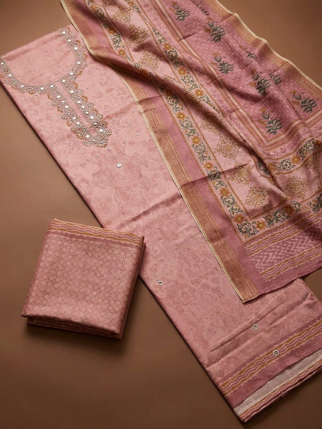Peach Art Silk Embroidered Unstitched Dress Material