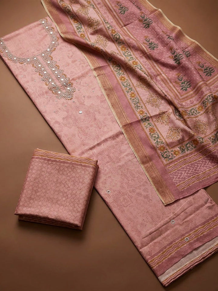 Peach Art Silk Embroidered Unstitched Dress Material