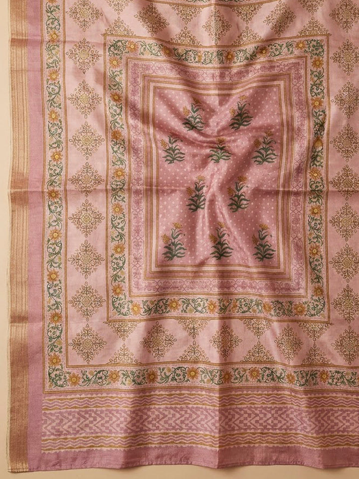 Peach Art Silk Embroidered Unstitched Dress Material
