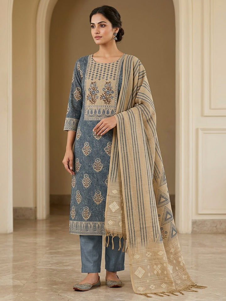 Grey Chanderi Printed Unstitched Dress Material