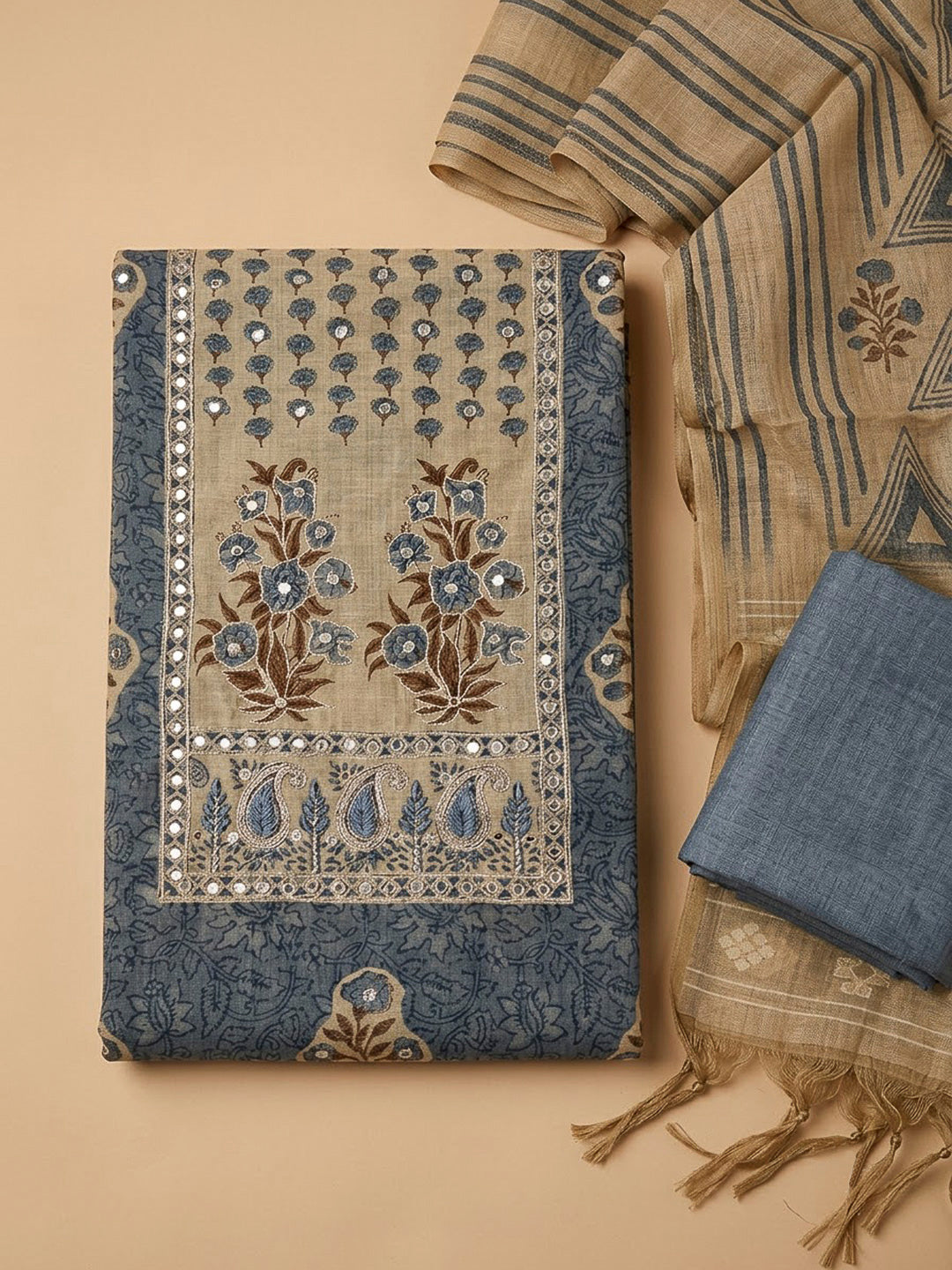 Grey Chanderi Printed Unstitched Dress Material