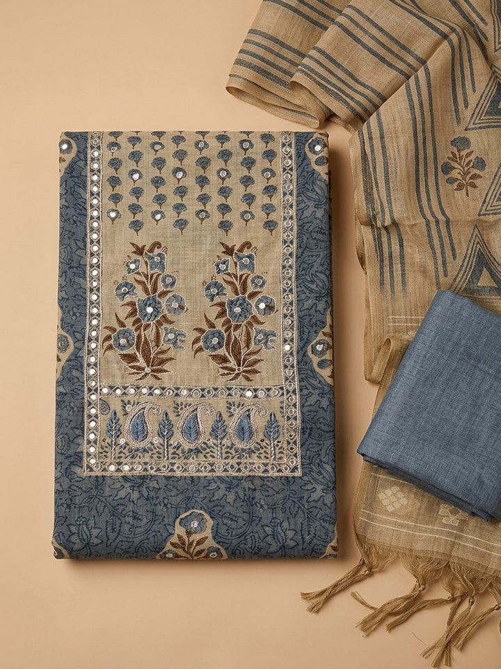 Grey Chanderi Printed Unstitched Dress Material