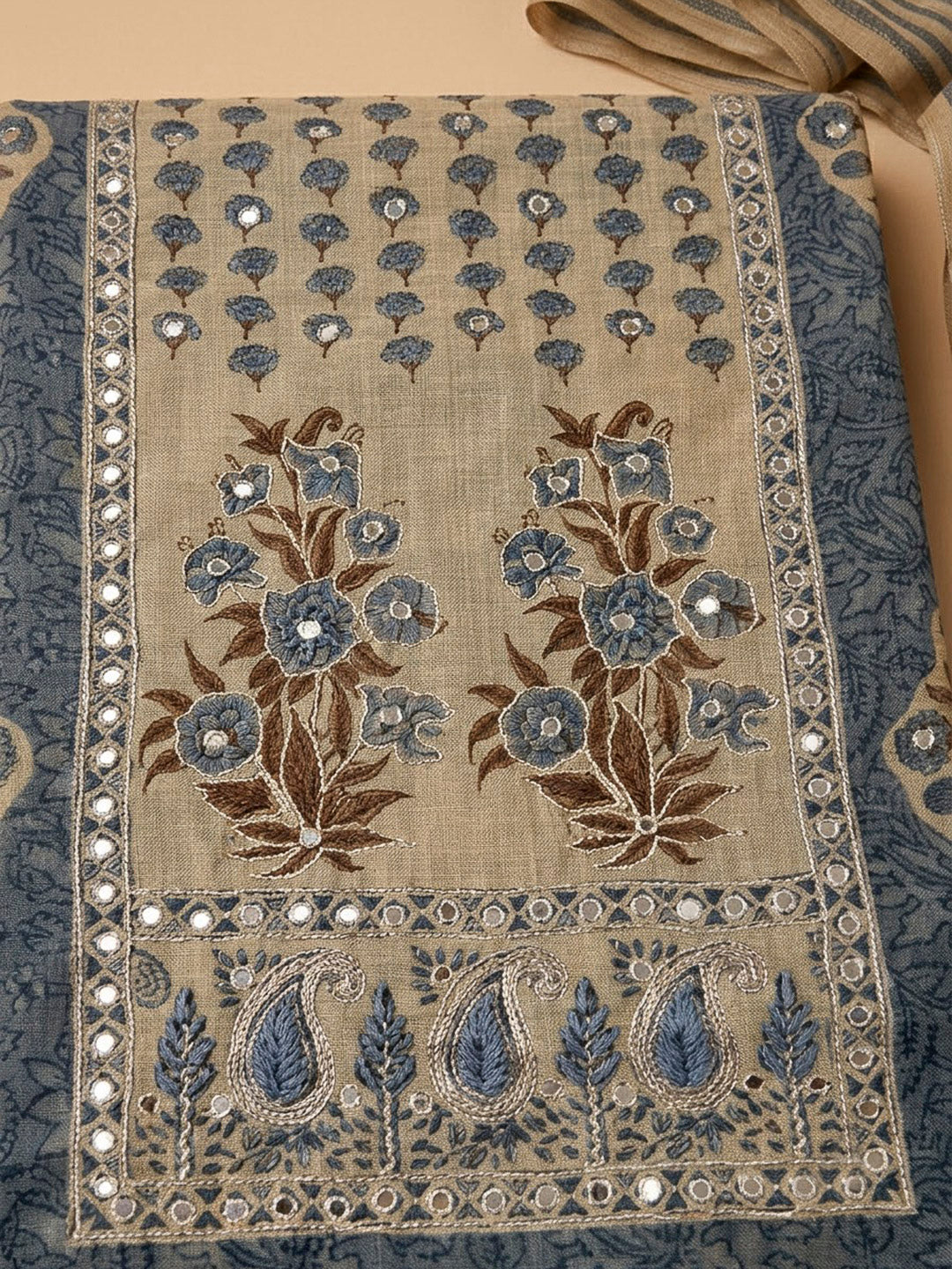 Grey Chanderi Printed Unstitched Dress Material