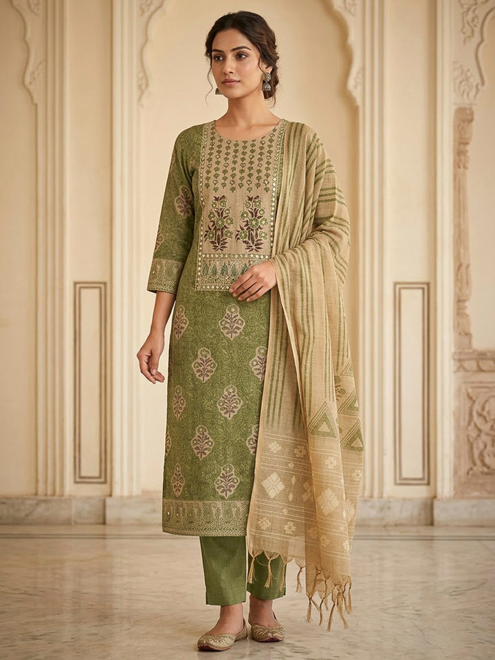 Mehndi Chanderi Printed Unstitched Dress Material