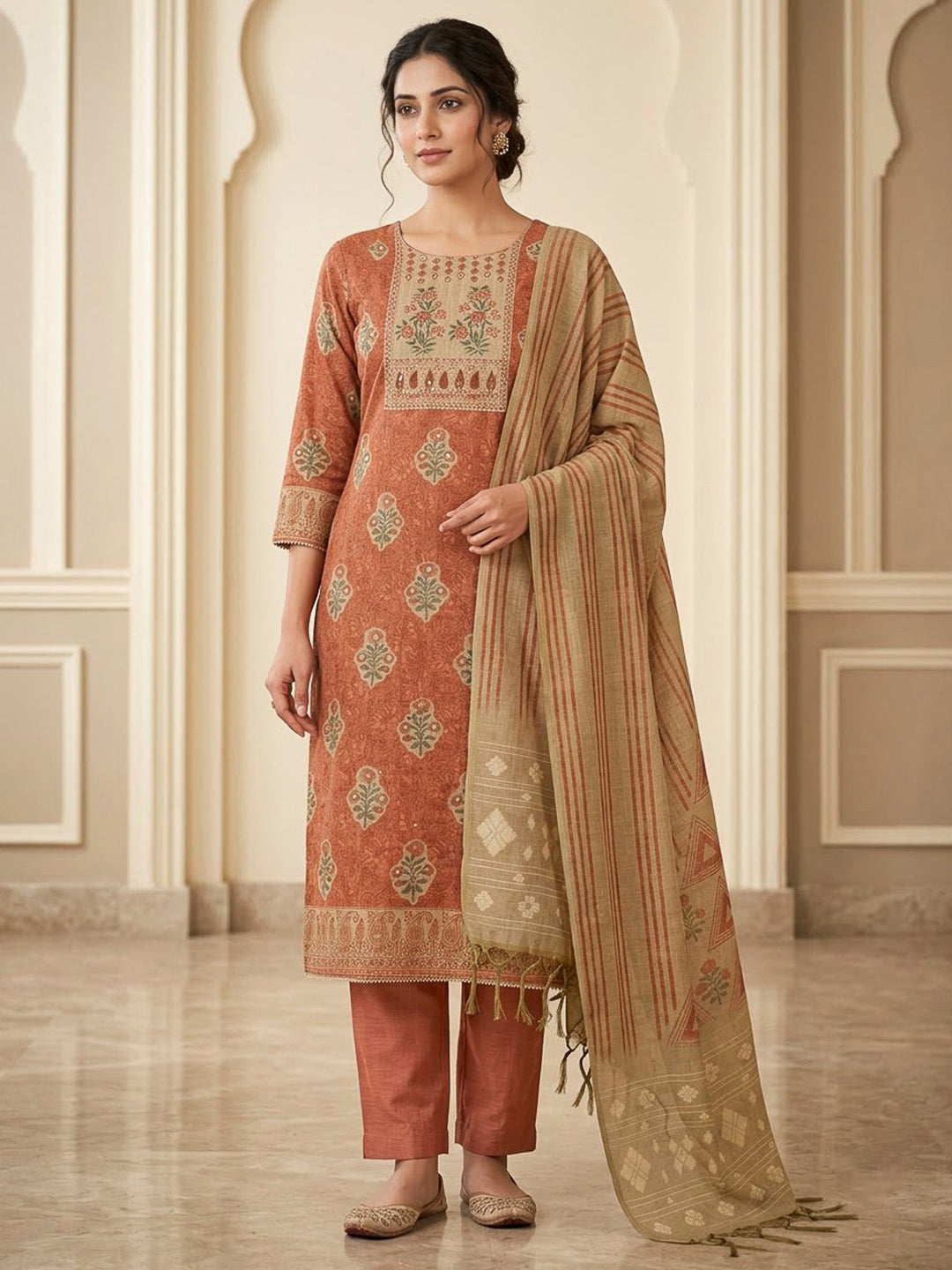 Rust Chanderi Printed Unstitched Dress Material