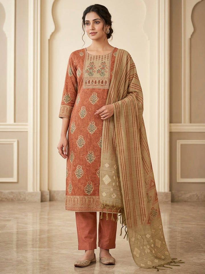 Rust Chanderi Printed Unstitched Dress Material