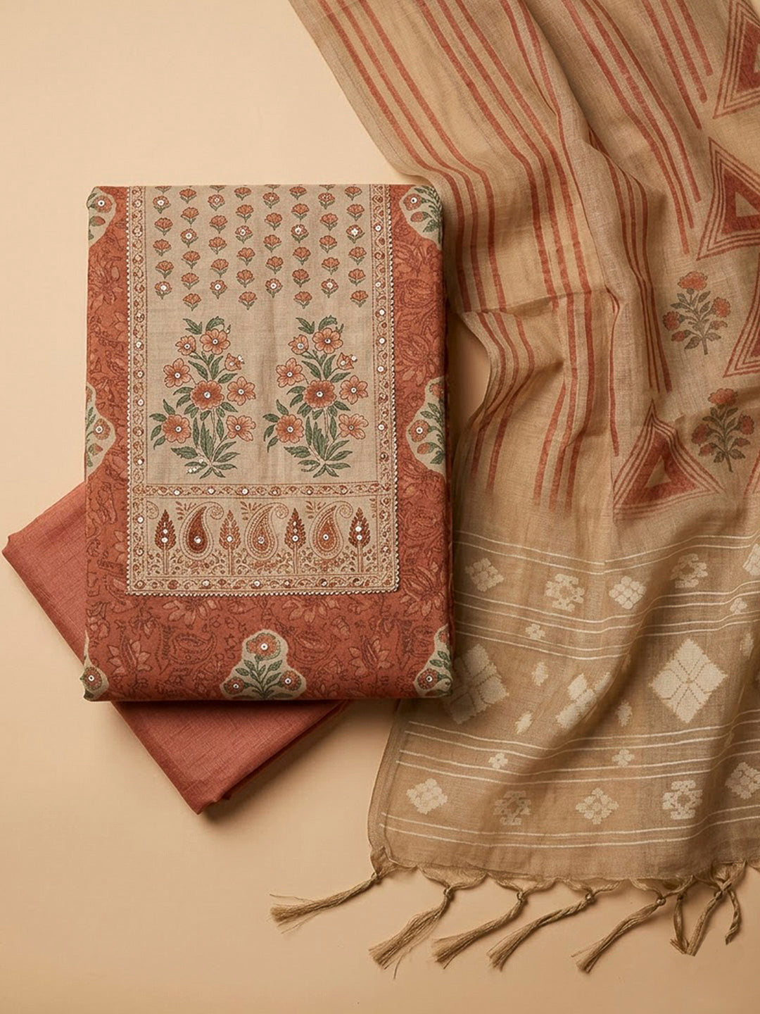 Rust Chanderi Printed Unstitched Dress Material