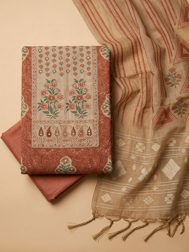 Rust Chanderi Printed Unstitched Dress Material