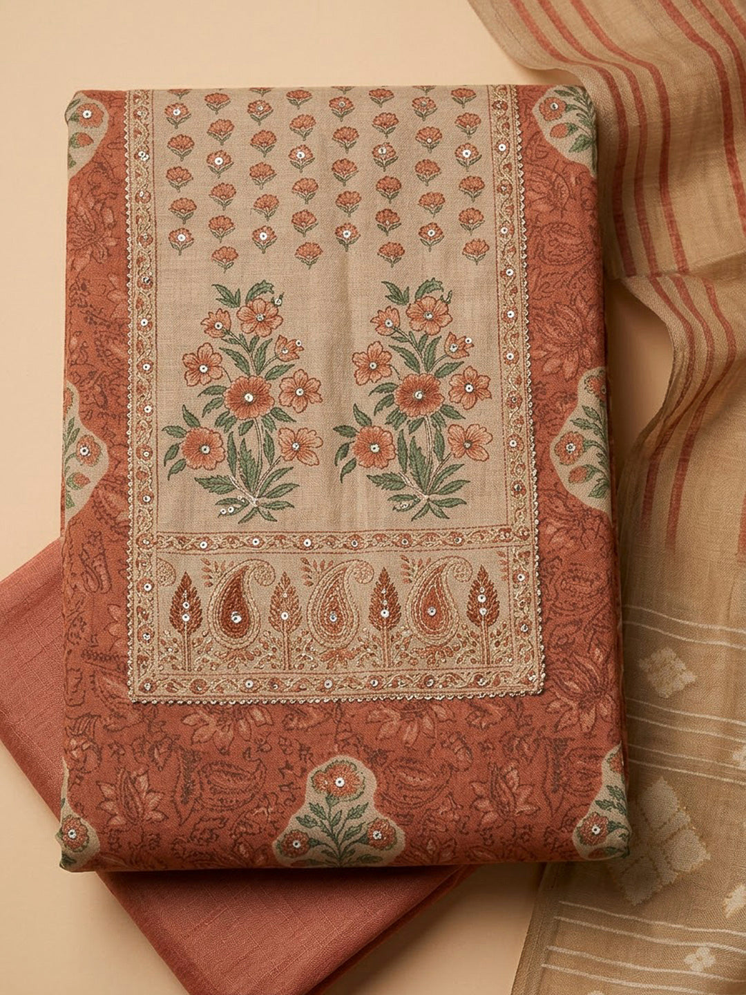 Rust Chanderi Printed Unstitched Dress Material