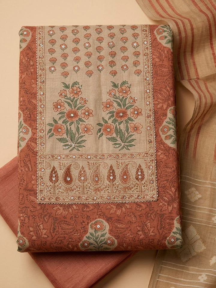 Rust Chanderi Printed Unstitched Dress Material