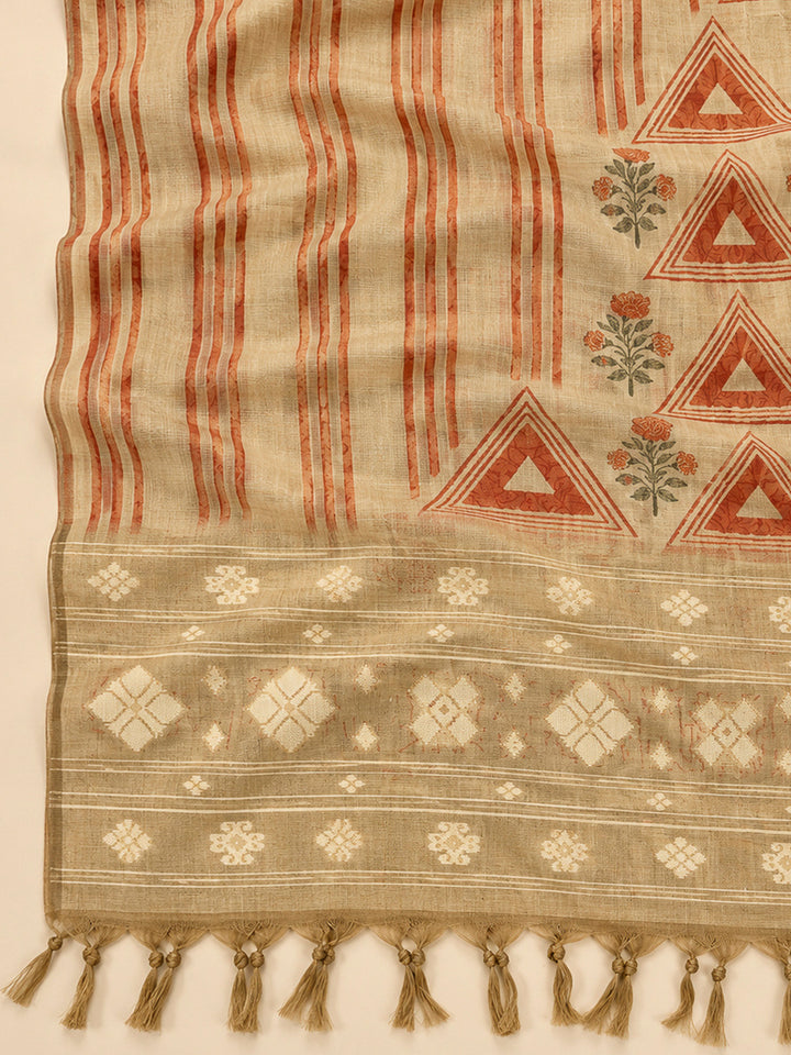 Rust Chanderi Printed Unstitched Dress Material
