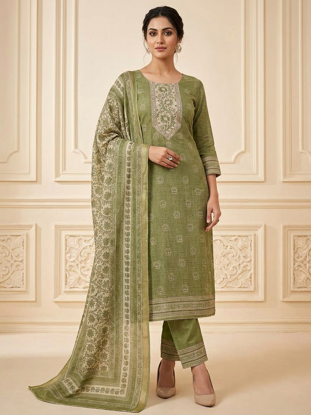 Mehndi Chanderi Printed Unstitched Dress Material