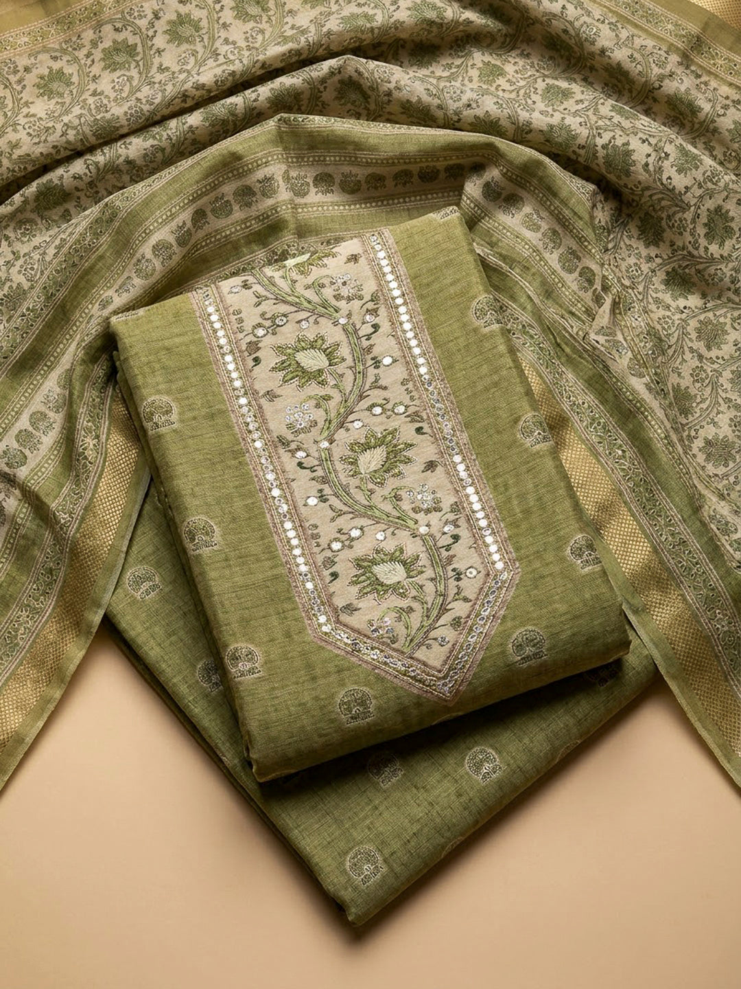 Mehndi Chanderi Printed Unstitched Dress Material