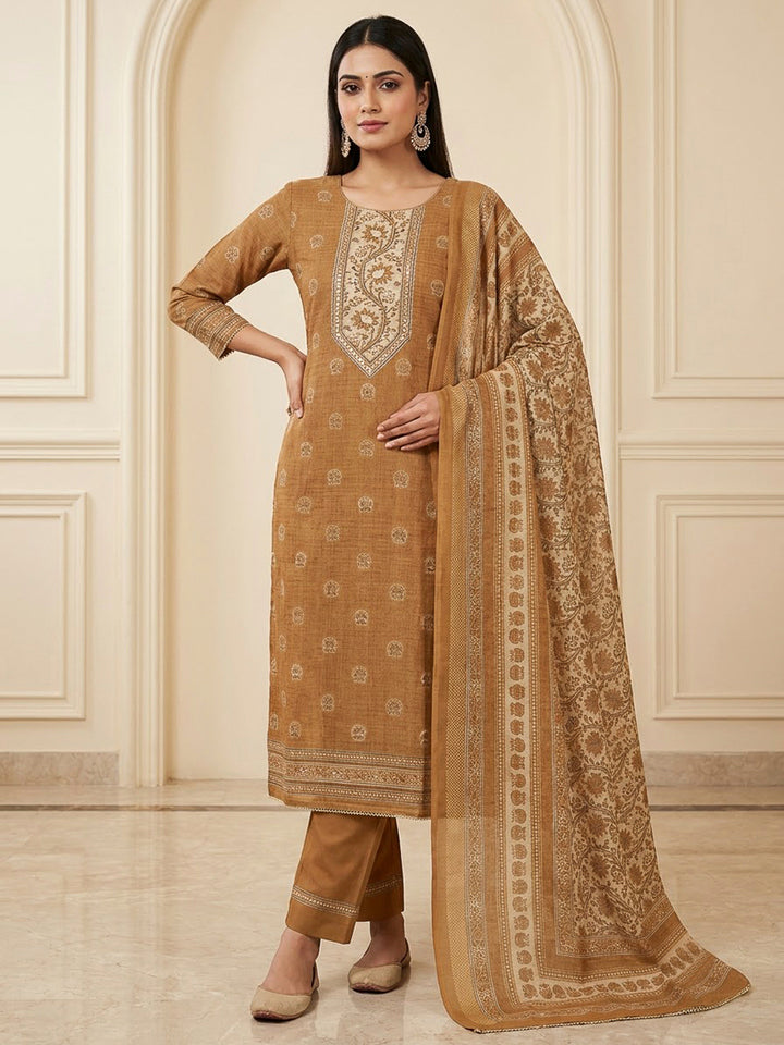 Mustard Chanderi Printed Unstitched Dress Material