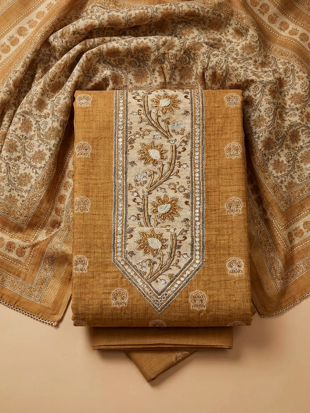 Mustard Chanderi Printed Unstitched Dress Material