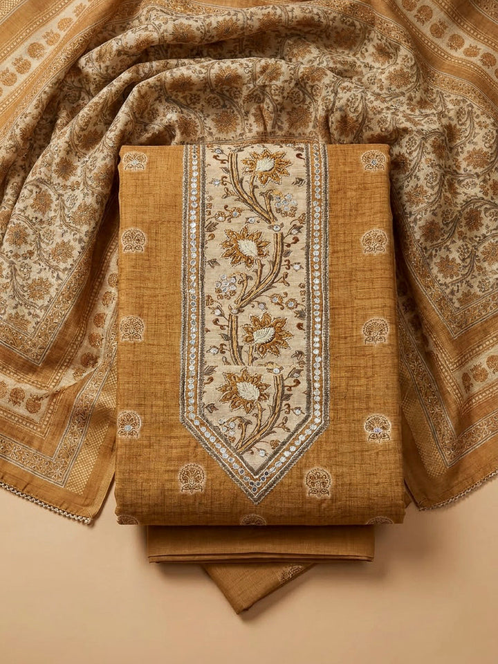 Mustard Chanderi Printed Unstitched Dress Material