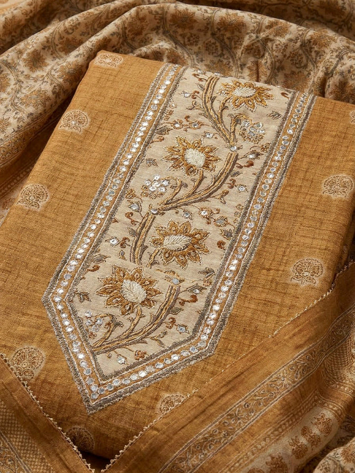 Mustard Chanderi Printed Unstitched Dress Material
