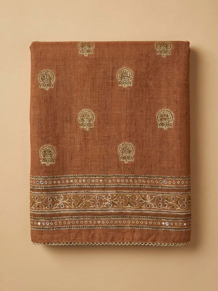 Mustard Chanderi Printed Unstitched Dress Material