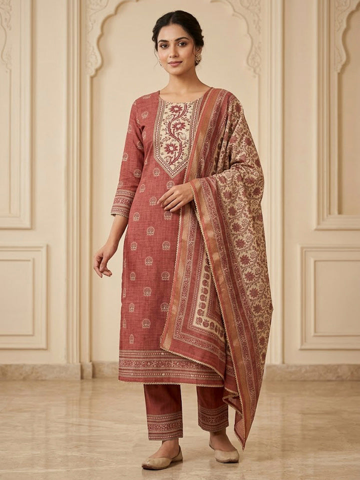 Rust Chanderi Printed Unstitched Dress Material