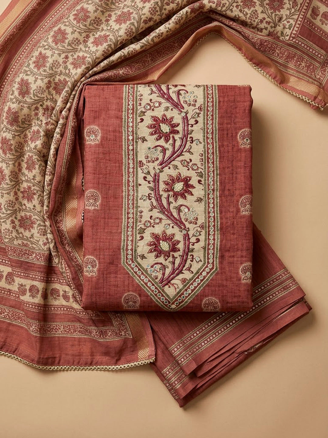 Rust Chanderi Printed Unstitched Dress Material