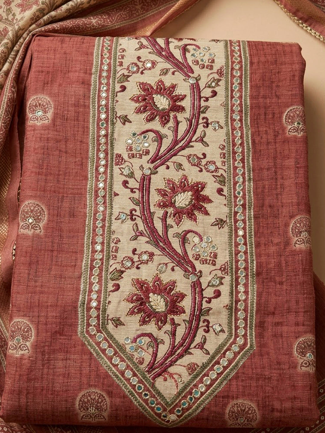 Rust Chanderi Printed Unstitched Dress Material
