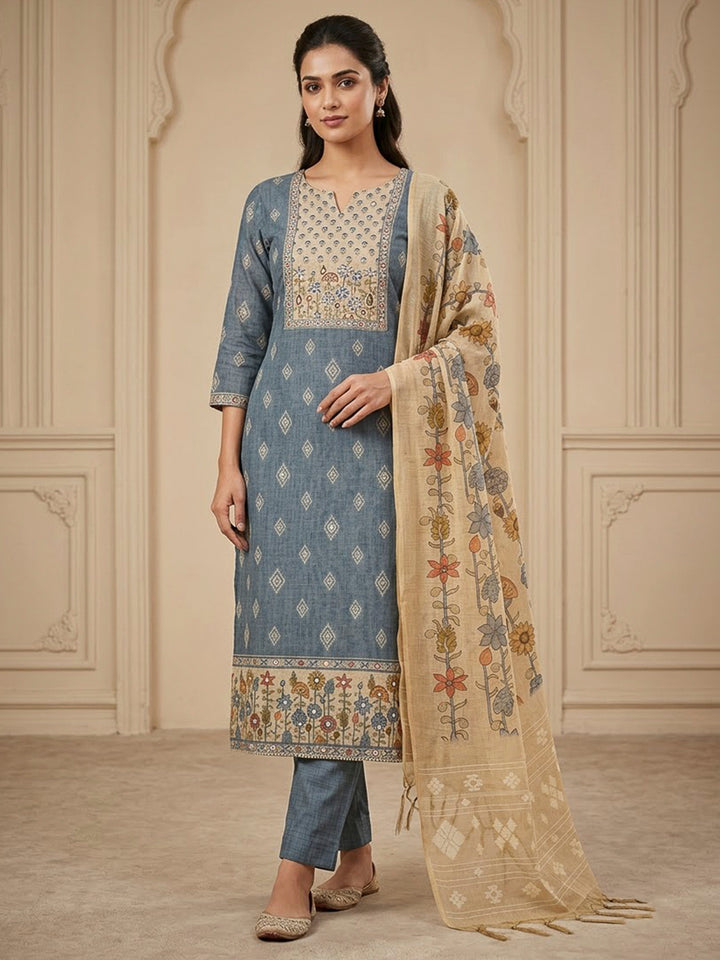 Grey Chanderi Embroidered Unstitched Dress Material