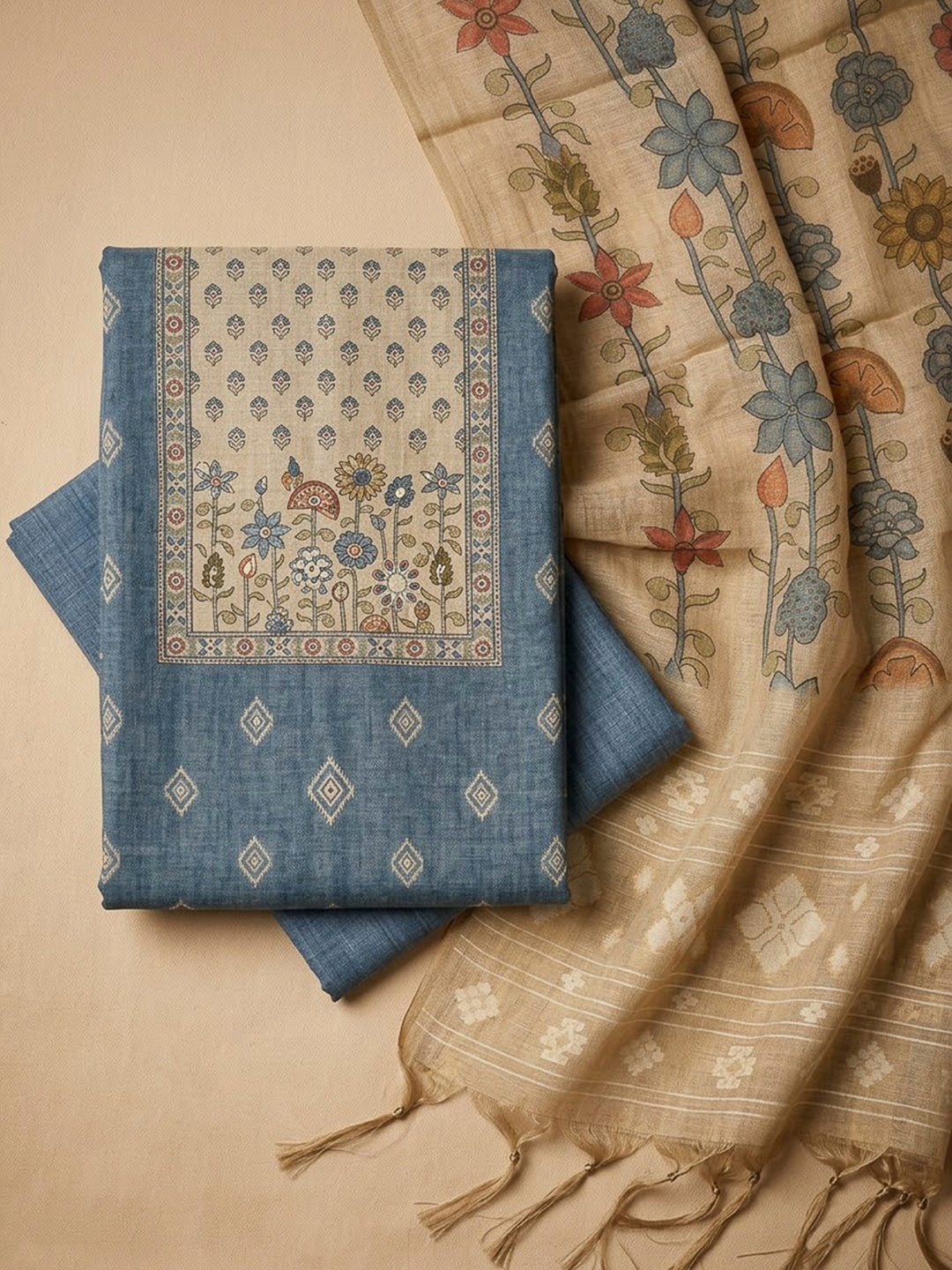 Grey Chanderi Embroidered Unstitched Dress Material