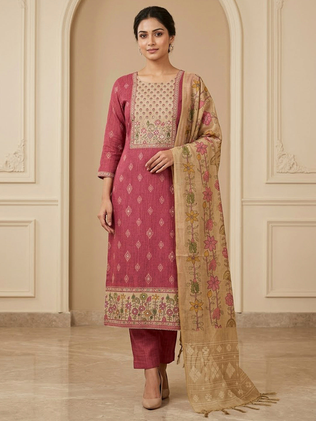 Pink Chanderi Embroidered Unstitched Dress Material