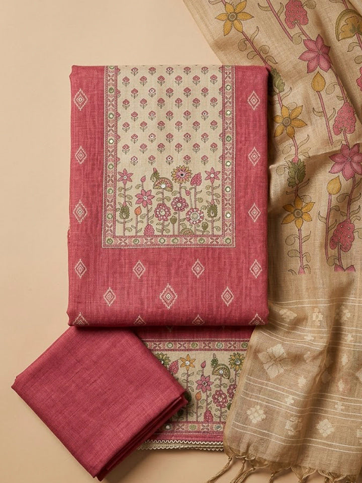 Pink Chanderi Embroidered Unstitched Dress Material