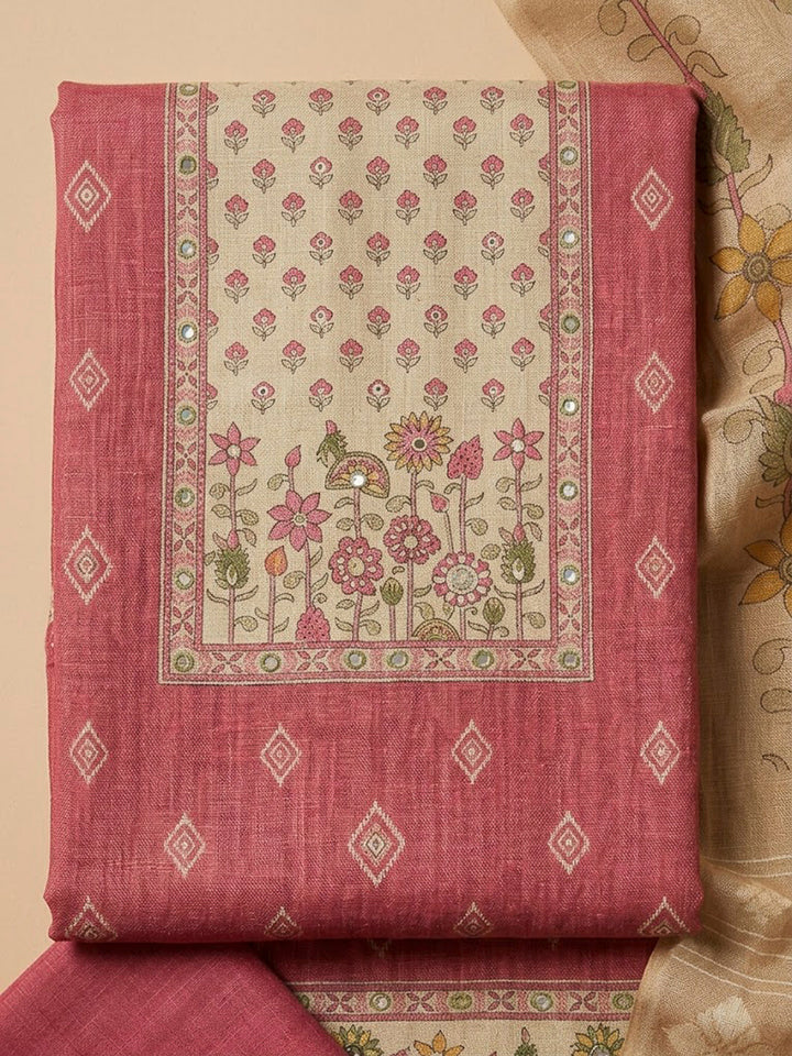 Pink Chanderi Embroidered Unstitched Dress Material