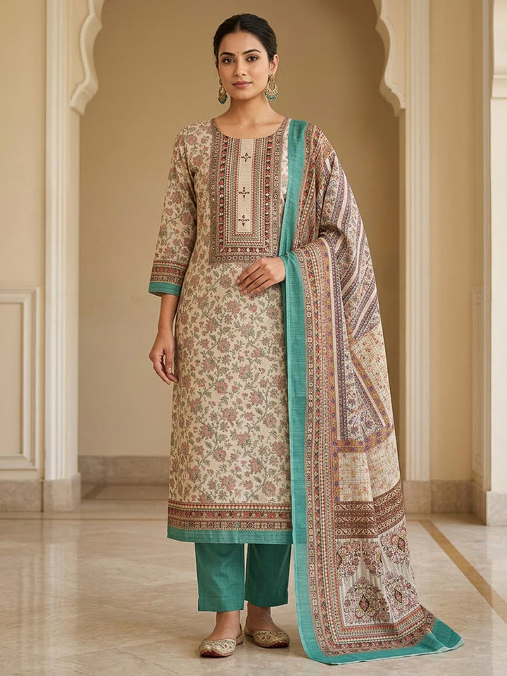Beige Tussar Printed Unstitched Dress Material