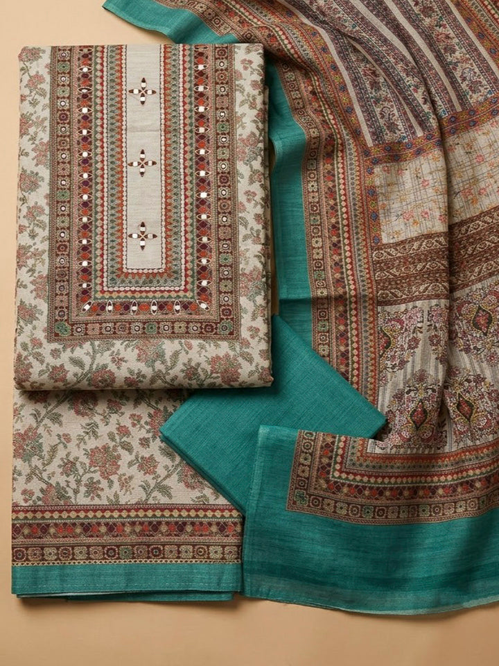 Beige Tussar Printed Unstitched Dress Material