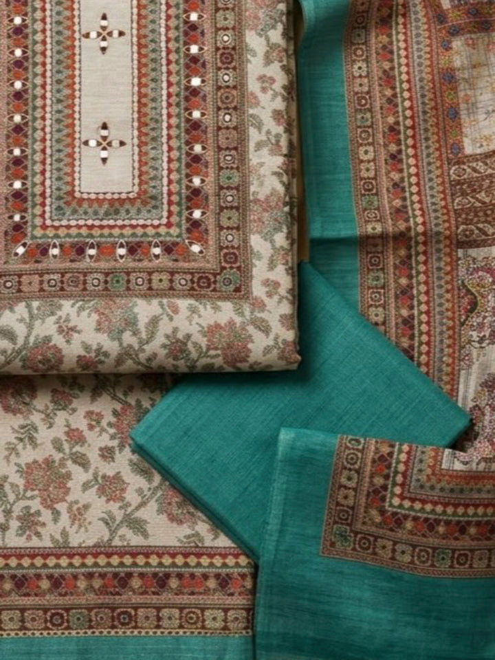 Beige Tussar Printed Unstitched Dress Material