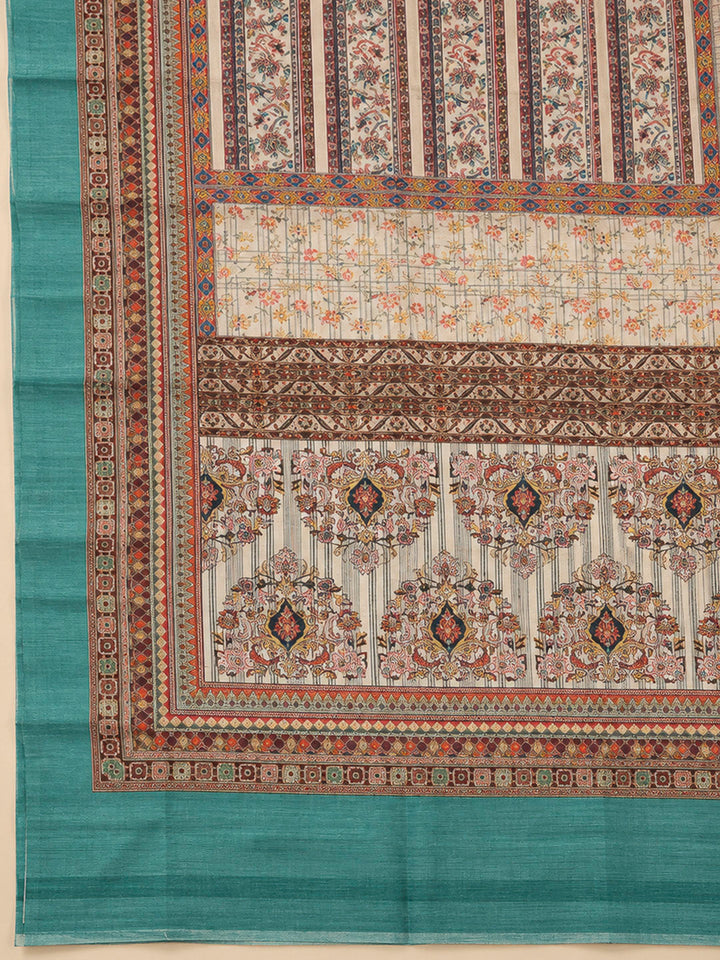 Beige Tussar Printed Unstitched Dress Material